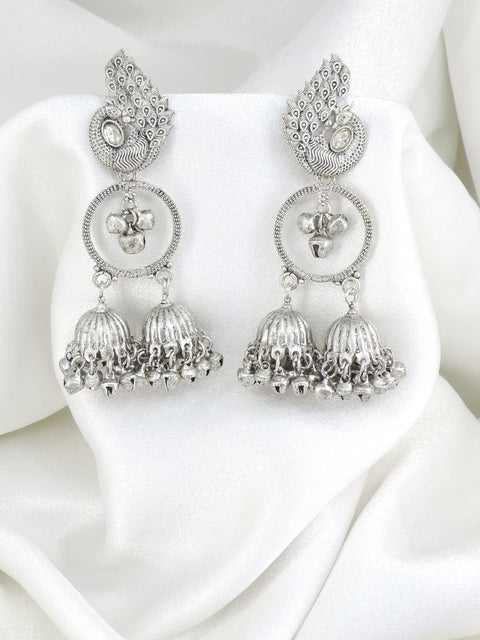 Oxidized Silver Peacock Pink Stone Double Jhumka Earrings