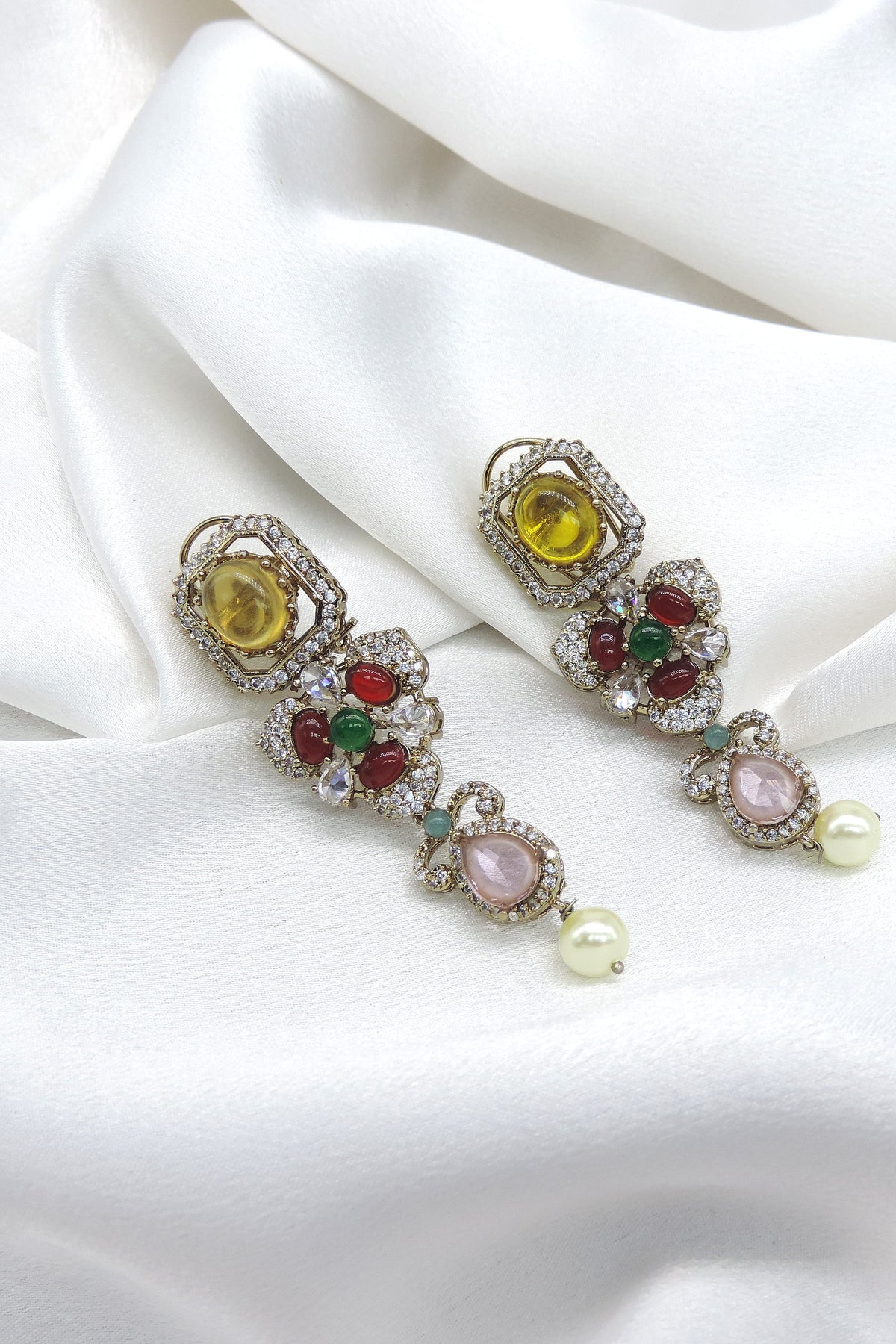 Regal multistone pearl drop earrings by Joyrias