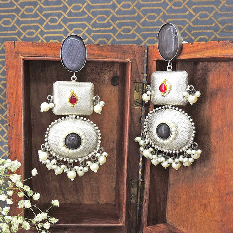 Dark grey Monalisa stone silver look-alike earrings – Indian pachi work long earrings USA – Joyrias
