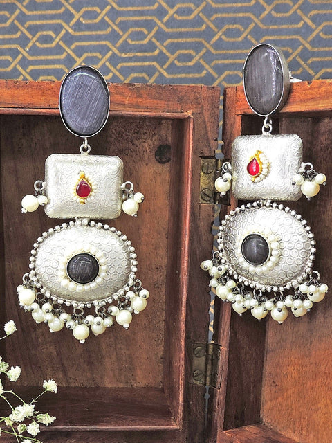 Dark grey Monalisa stone silver look-alike earrings – Indian pachi work long earrings USA – Joyrias