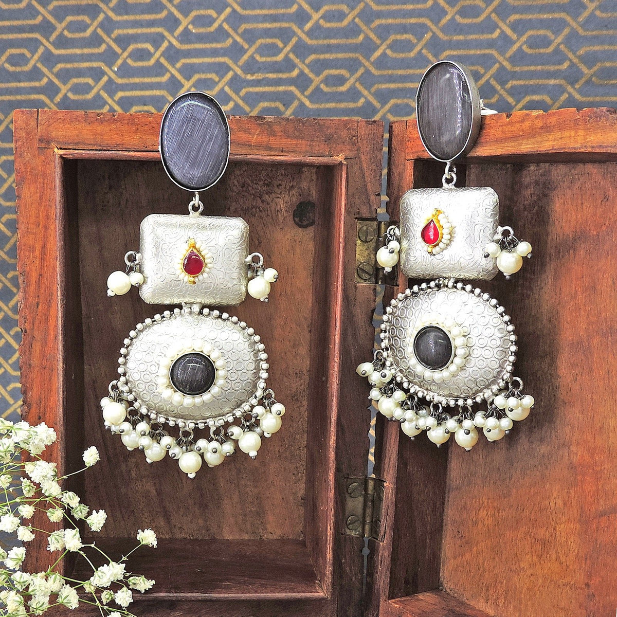 Dark grey Monalisa stone silver look-alike earrings – Indian pachi work long earrings USA – Joyrias
