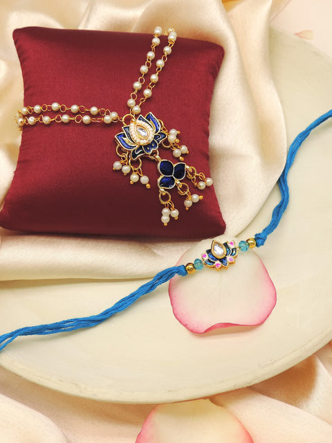 Lotus Kundan Pearl Bhaiya Bhabhi Rakhi Set