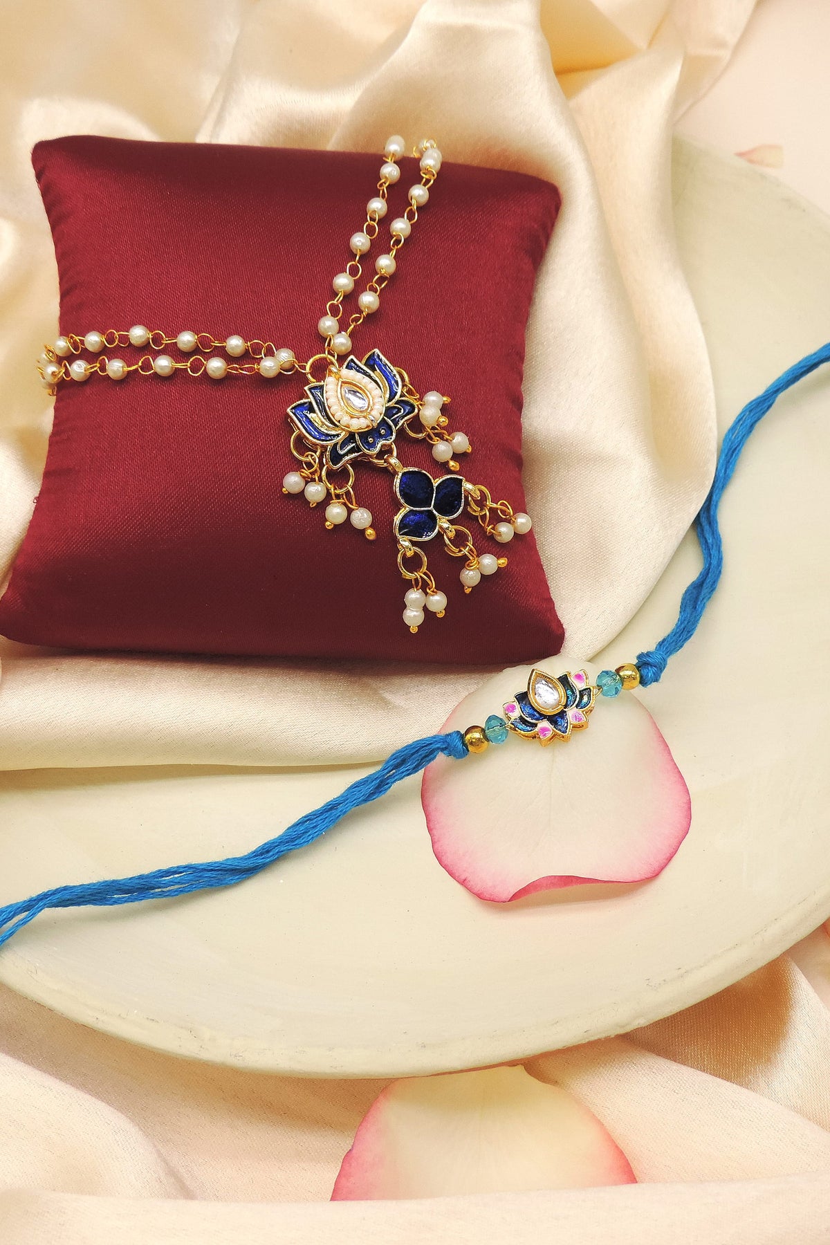 Lotus Kundan Pearl Bhaiya Bhabhi Rakhi Set