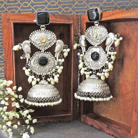 Long Bird Silver tone Jhumka with Black Stone Image 0