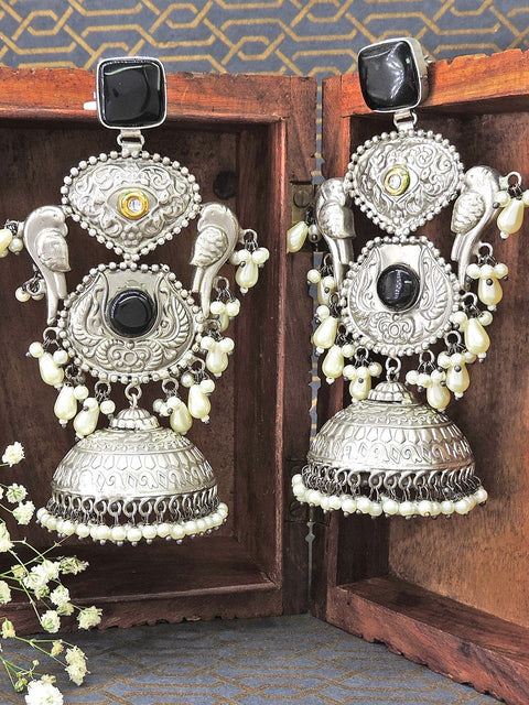 Long bird silver tone jhumka with black stone – Indian oxidized jhumka earrings – Joyrias