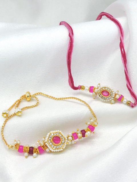 CZ halo pink bhaiya bhabhi rakhi set with seed pearl border and pearl cluster drops by Joyrias