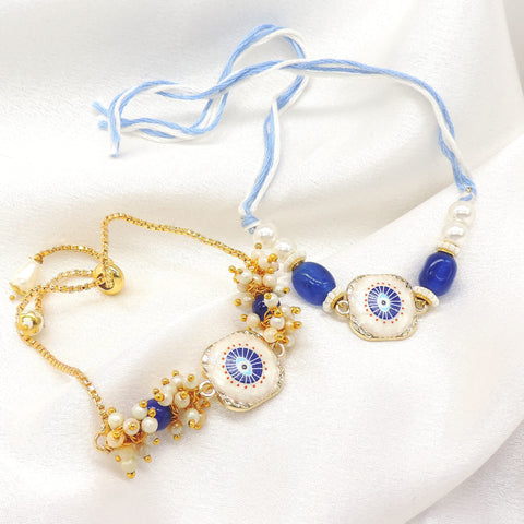 Evil eye enamel pearl bhaiya bhabhi rakhi set by Joyrias