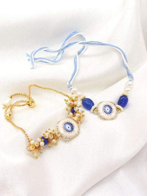 Evil eye enamel pearl bhaiya bhabhi rakhi set by Joyrias