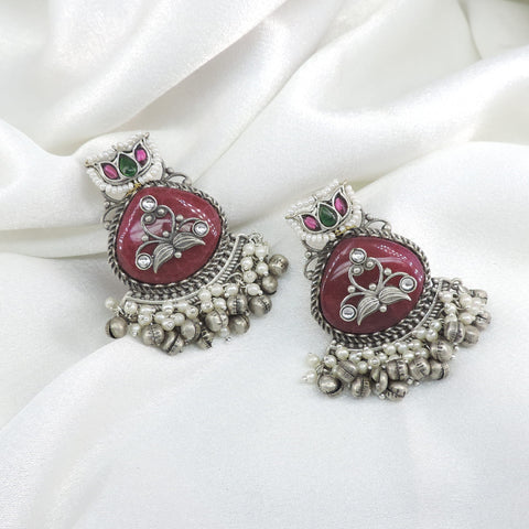 Oxidized silver maroon floral ghungroo drop earrings with colorful stone detailing by joyrias