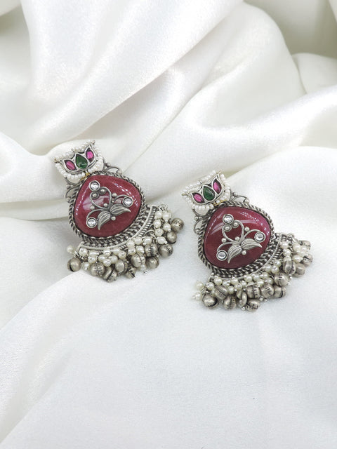 Oxidized silver maroon floral ghungroo drop earrings with colorful stone detailing by joyrias