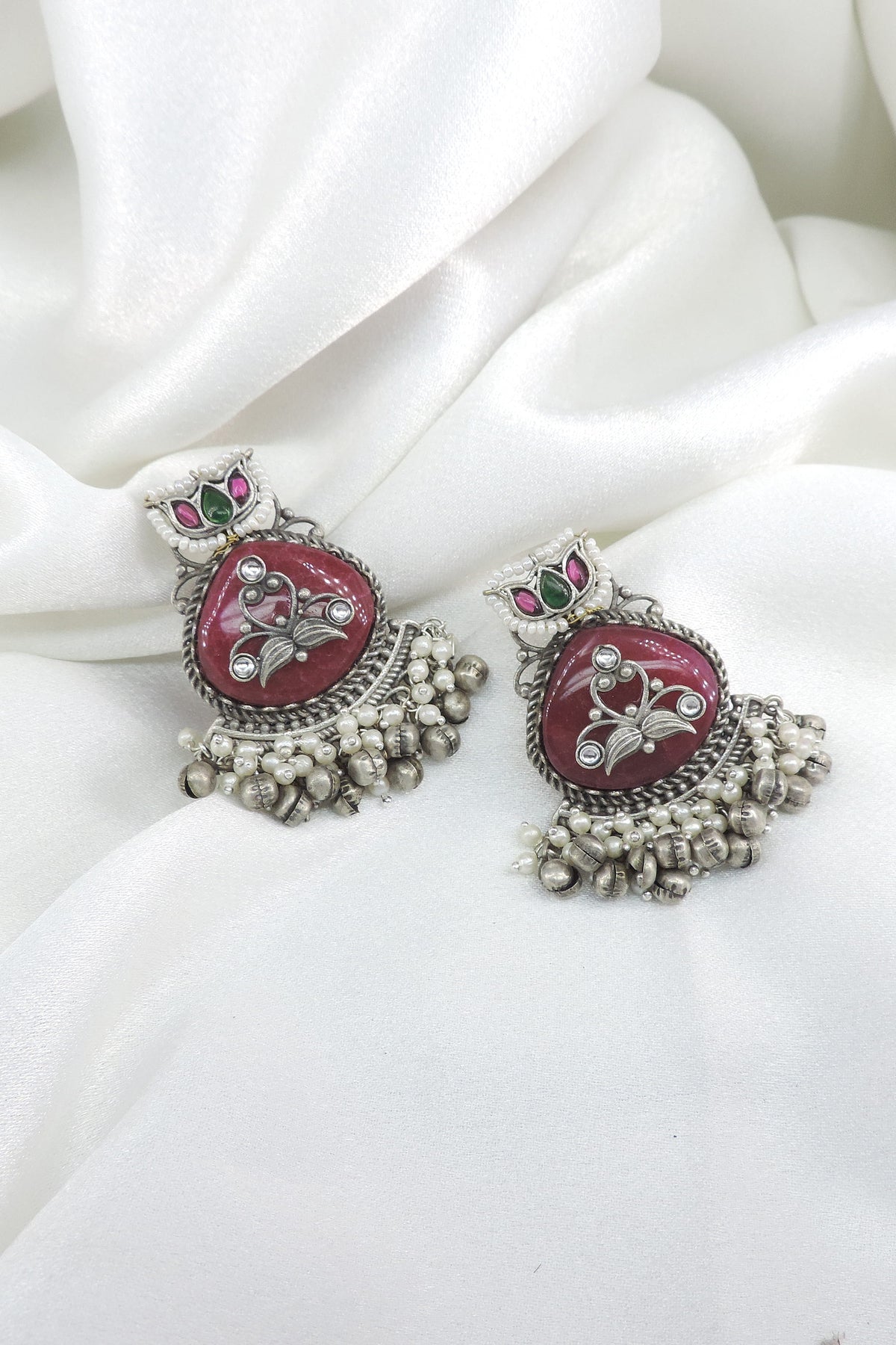 Oxidized silver maroon floral ghungroo drop earrings with colorful stone detailing by joyrias