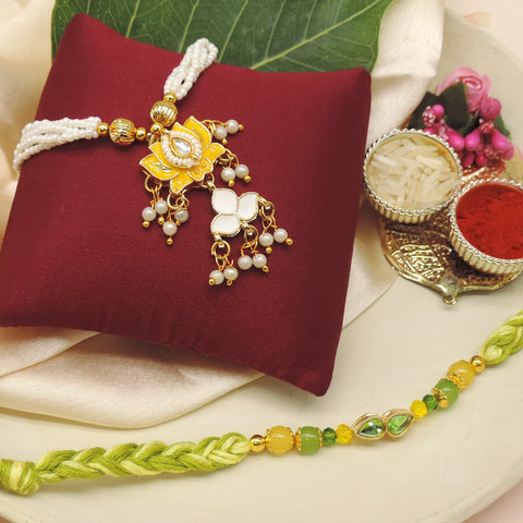 Lotus Kundan Pearl Bhaiya Bhabhi Rakhi Set