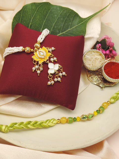 Lotus Kundan Pearl Bhaiya Bhabhi Rakhi Set