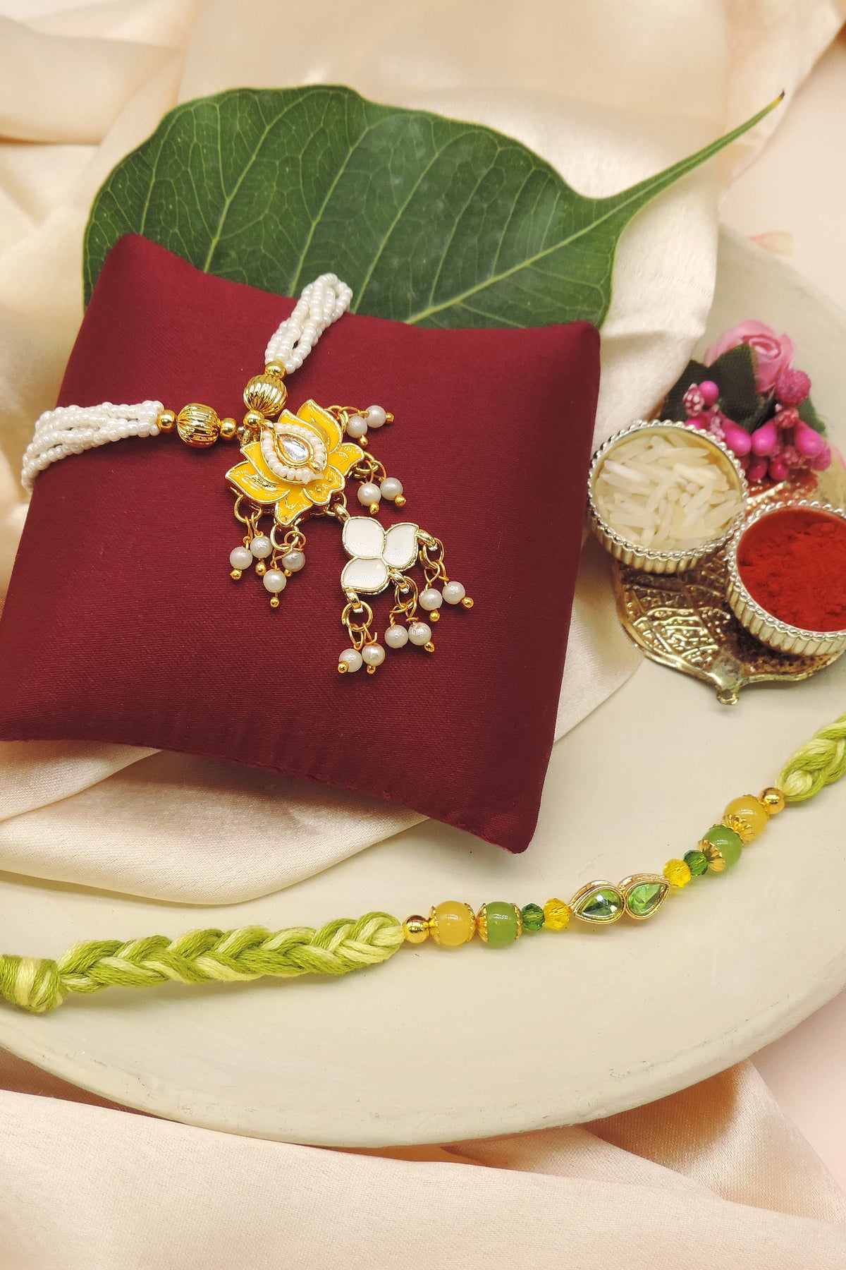 Lotus Kundan Pearl Bhaiya Bhabhi Rakhi Set