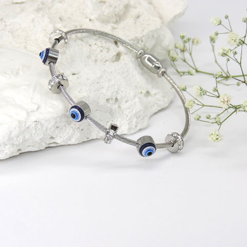 Silver-Toned Evil Eye Charm Bracelet with Cubic Zircon Accents Image 0