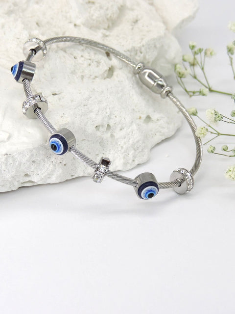 Silver toned evil eye charm bracelet with cubic zirconia – Indian evil eye jewelry USA – Joyrias