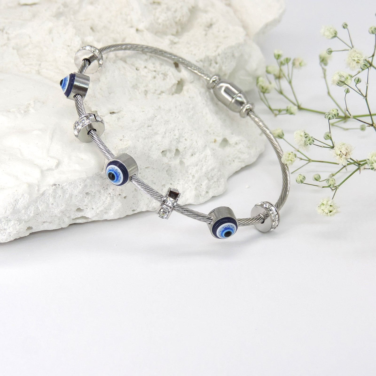 Silver-Toned Evil Eye Charm Bracelet with Cubic Zircon Accents Image 0