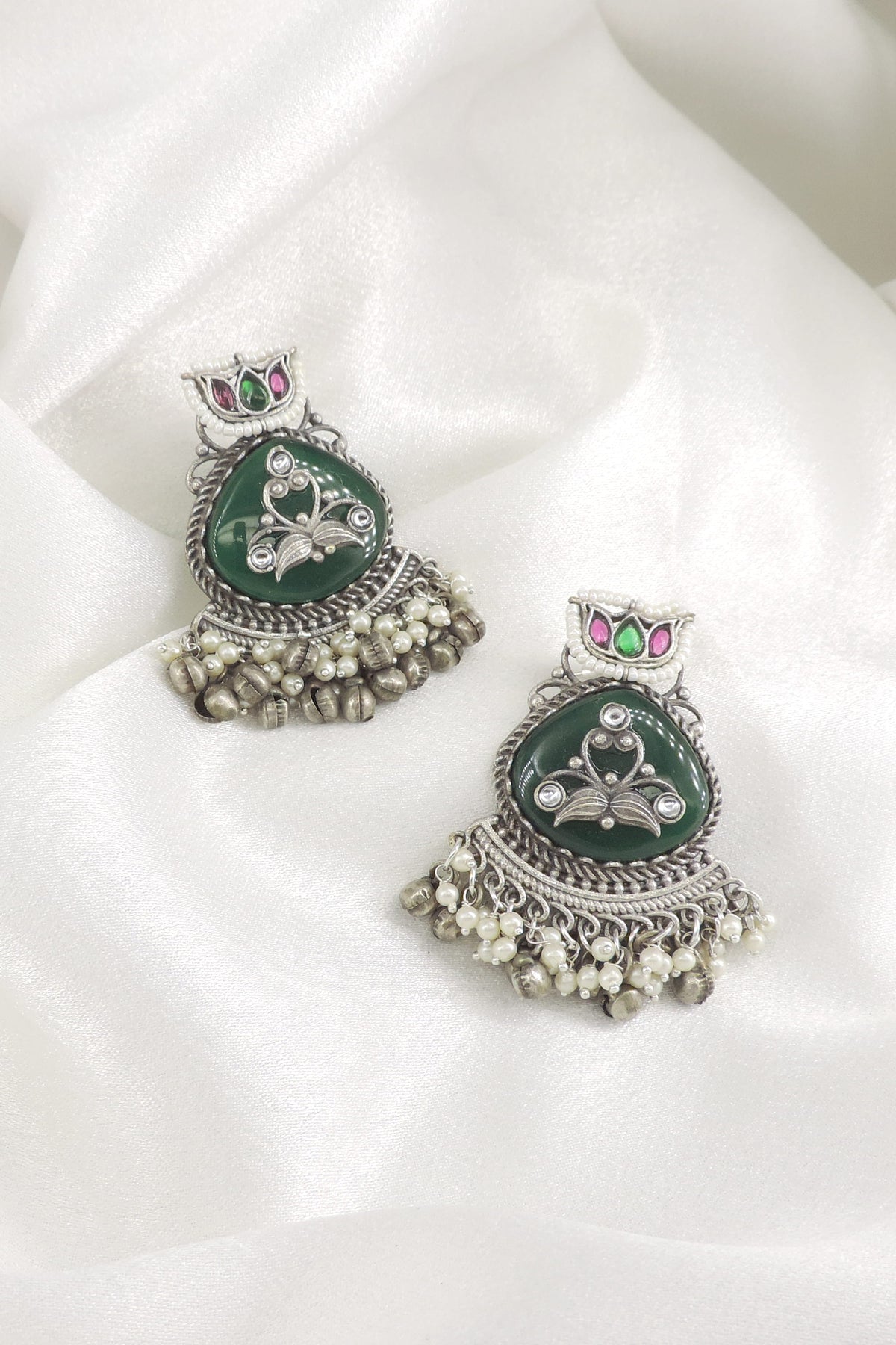 Oxidized Silver Maroon Floral Ghungroo Drop Earrings
