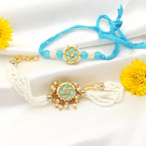 Sky blue floral enamel pearl bhaiya bhabhi rakhi set by Joyrias