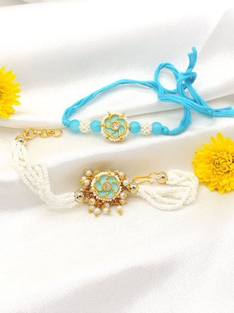 Sky blue floral enamel pearl bhaiya bhabhi rakhi set by Joyrias