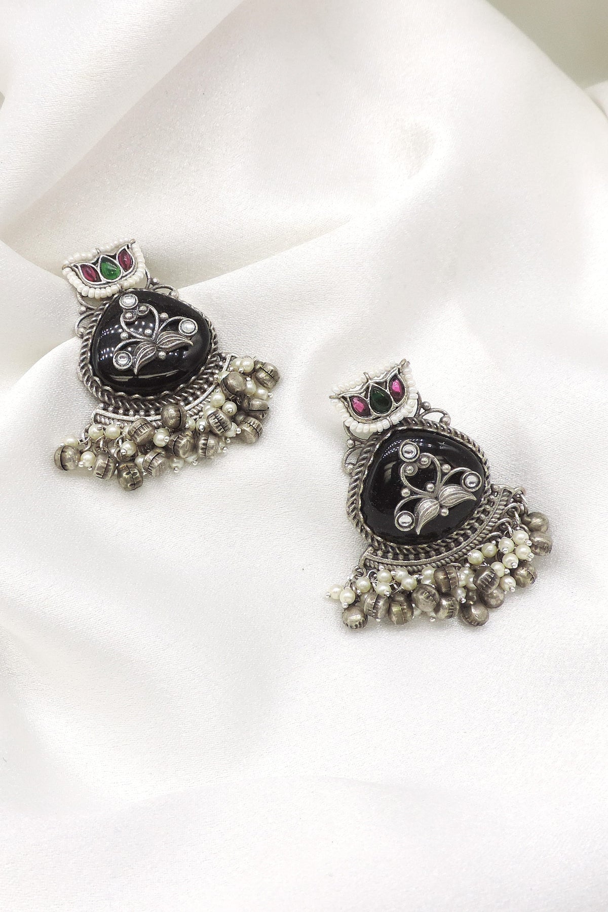 Oxidized Silver Maroon Floral Ghungroo Drop Earrings