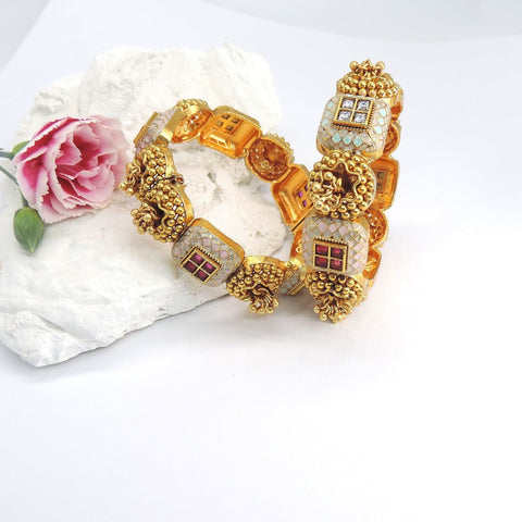 Antique gold plated openable temple design bangles with Kundan and enamel work – Indian bridal bangles USA – Joyrias