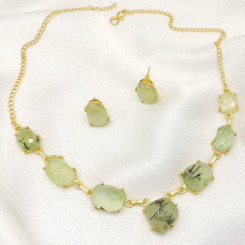 Prehnite Stone Necklace Set | Gold Link Statement Jewelry with Matching Studs