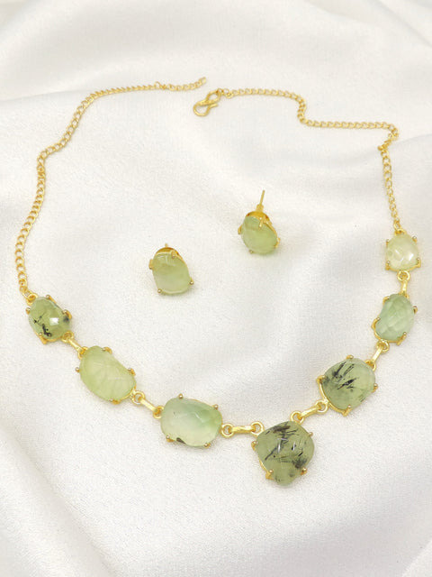 Prehnite Stone Necklace Set | Gold Link Statement Jewelry with Matching Studs
