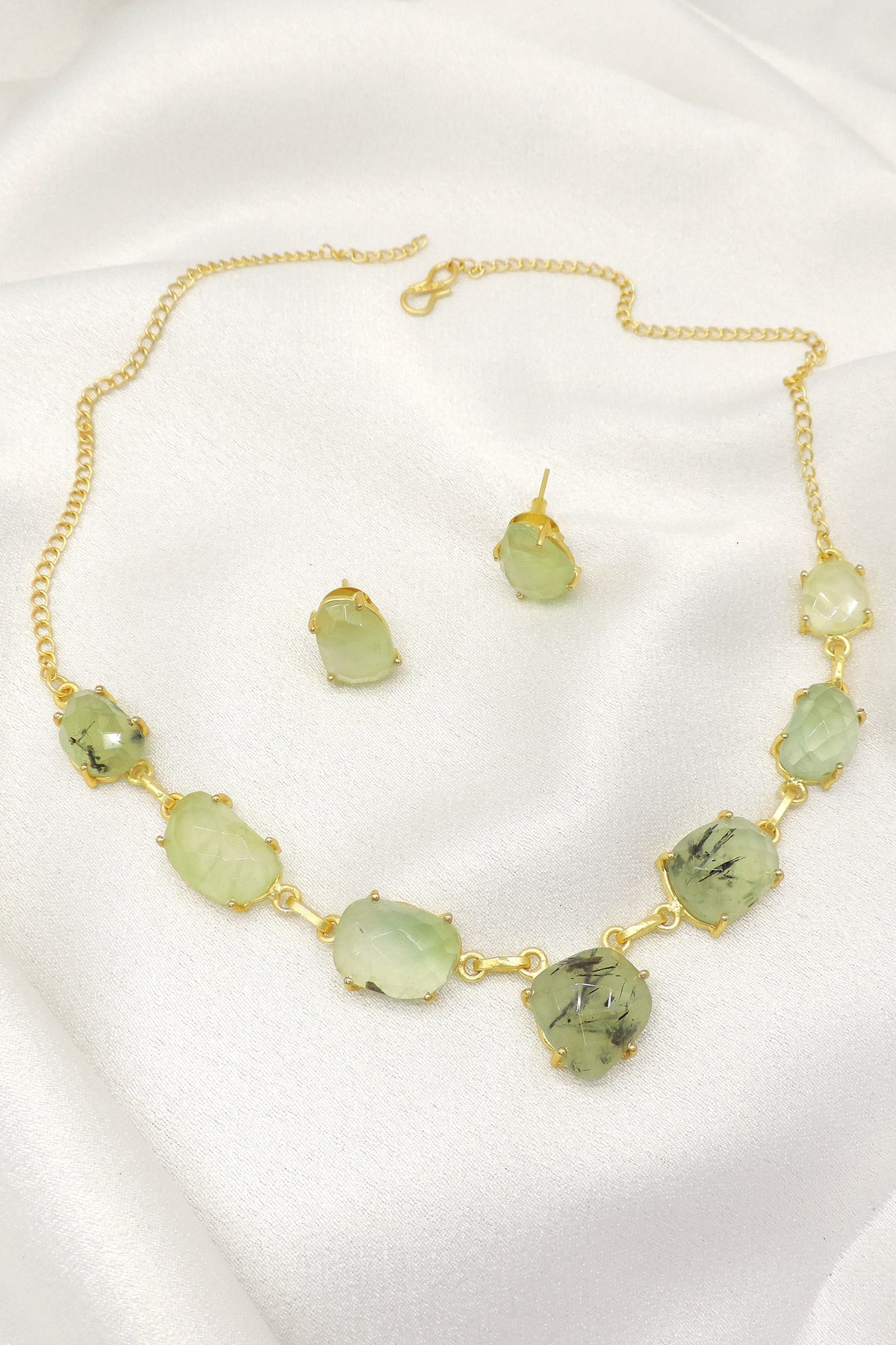 Prehnite Stone Necklace Set | Gold Link Statement Jewelry with Matching Studs