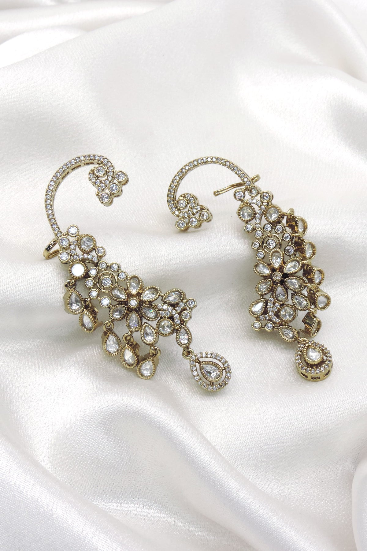 Floral Navratna Ear Cuff Earrings