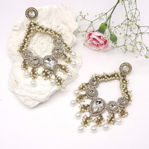 Antique gold plated Kundan and pearl chandelier earrings – Indian festive earrings USA – Joyrias