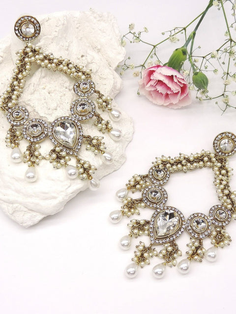 Antique gold plated Kundan and pearl chandelier earrings – Indian festive earrings USA – Joyrias