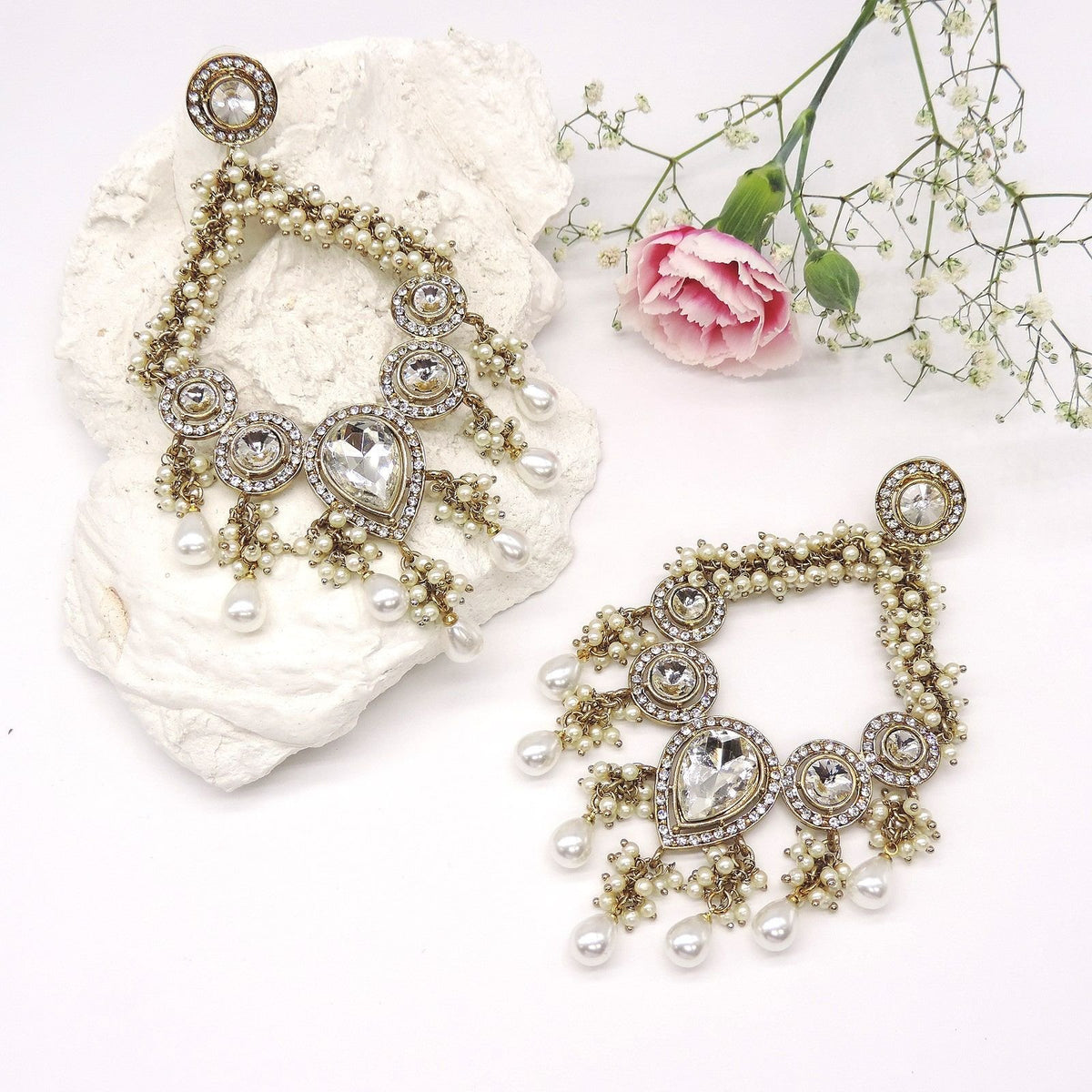 Antique gold plated Kundan and pearl chandelier earrings – Indian festive earrings USA – Joyrias