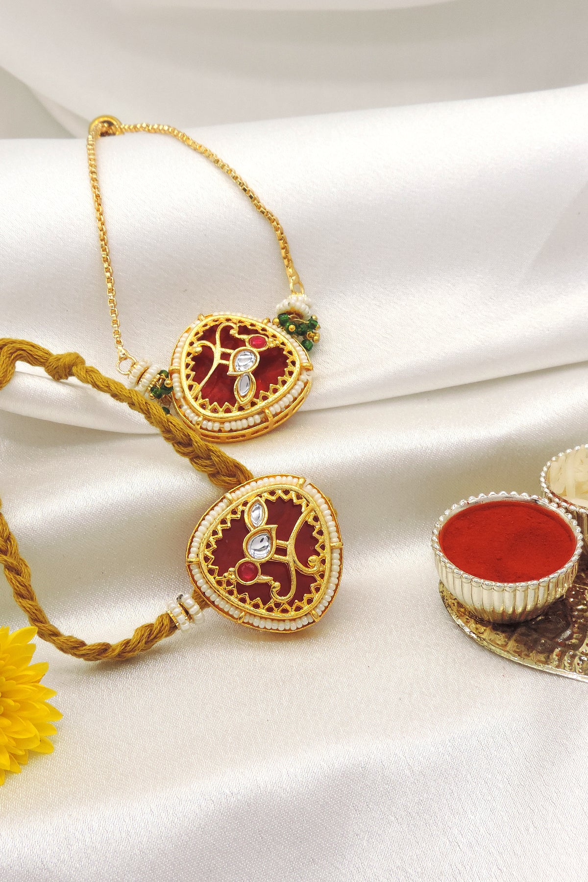 Kundan Heart Pearl Bhaiya Bhabhi Rakhi Set