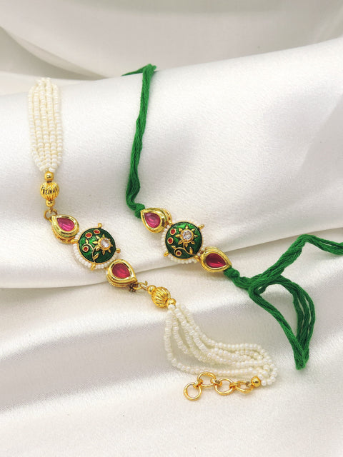 Green meenakari kundan pearl bhaiya bhabhi rakhi set by Joyrias
