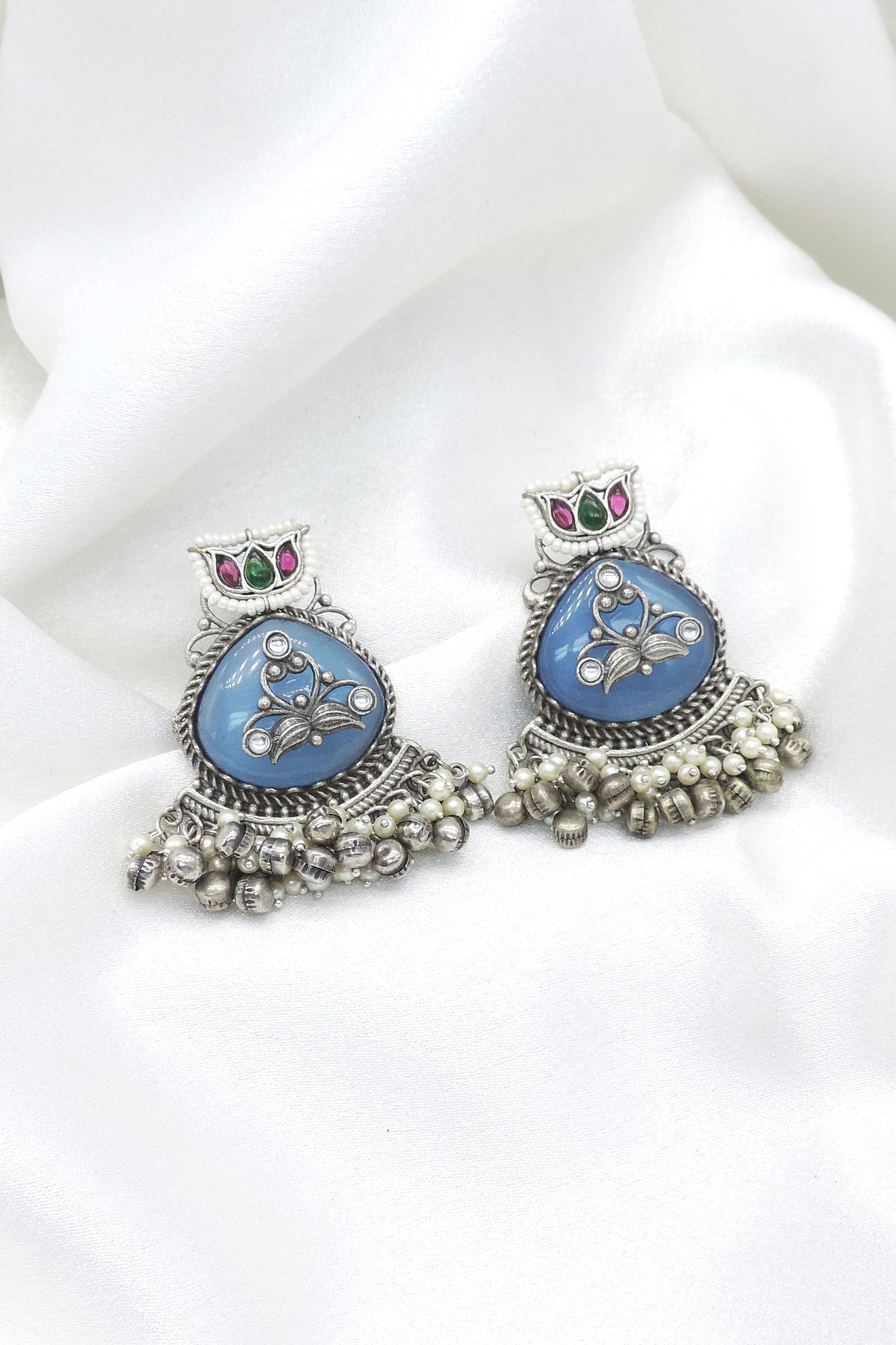 Oxidized Silver Maroon Floral Ghungroo Drop Earrings