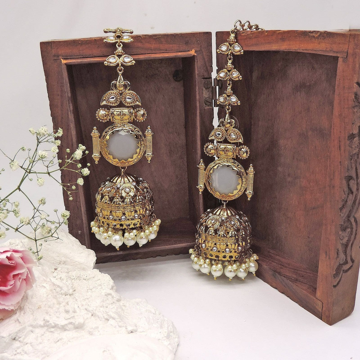 Antique Gold-Plated Temple Jhumka Earrings with Pearls Image 0