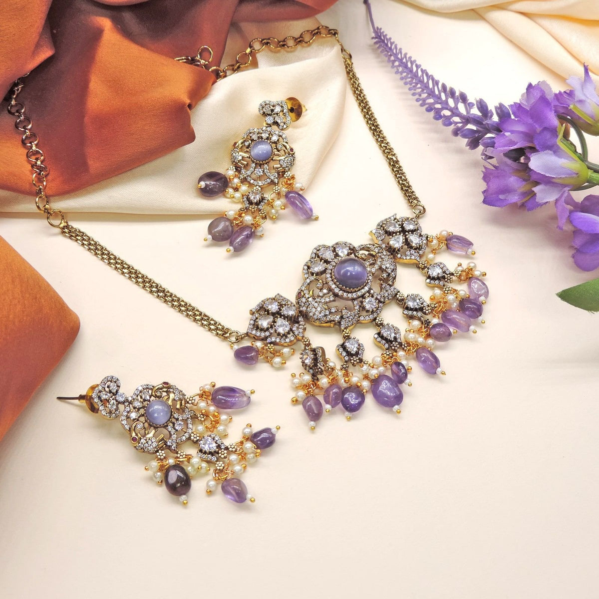 Lavender stone statement choker set – Indian Kundan choker necklace for festive wear USA – Joyrias