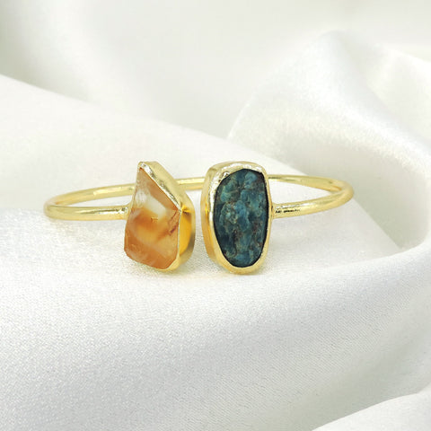 Raw Citrine & Blue Apatite Open Cuff Bracelet | Gold Plated Gemstone Jewelry