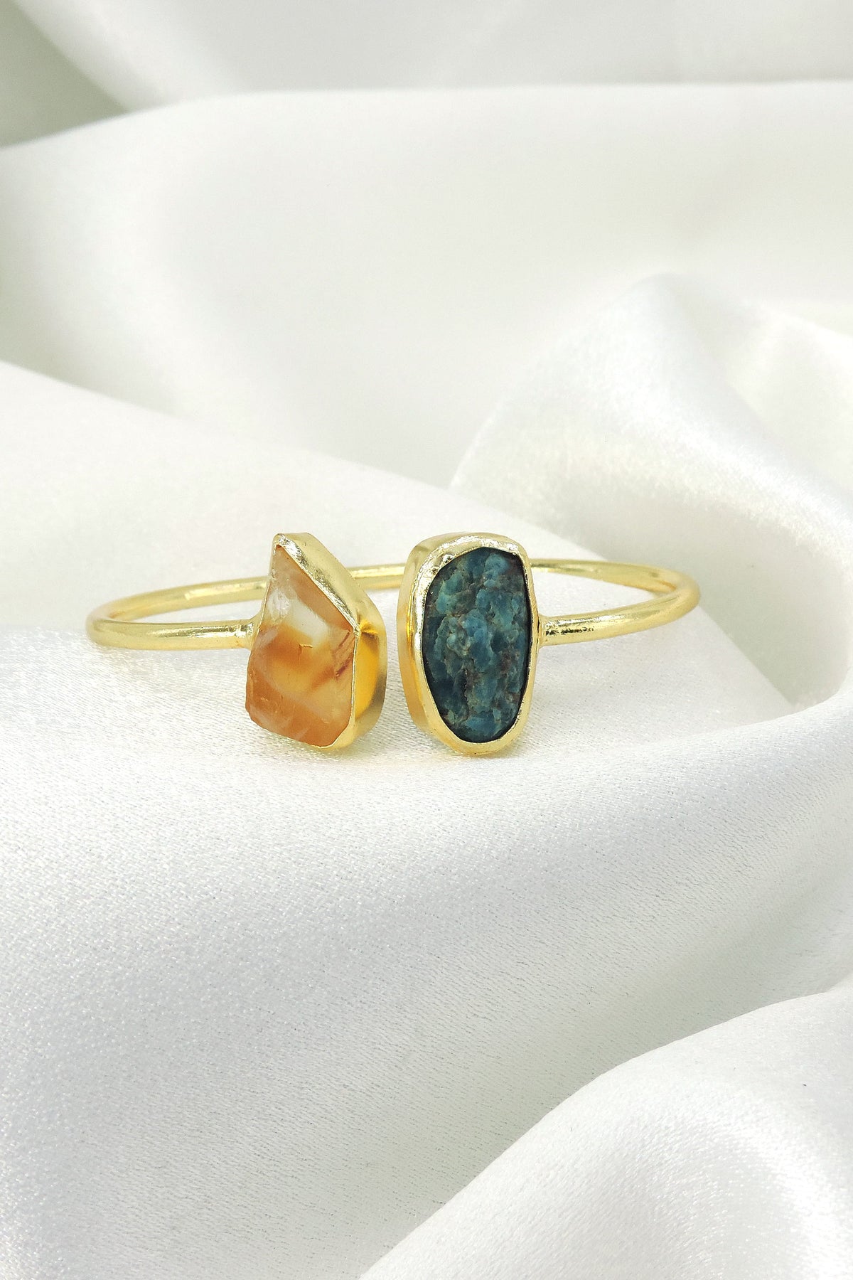 Raw Citrine & Blue Apatite Open Cuff Bracelet | Gold Plated Gemstone Jewelry