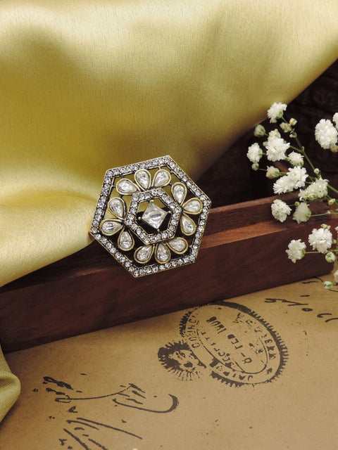 Hexagon AD Kundan cocktail ring with white stone – Indian statement ring USA – Joyrias