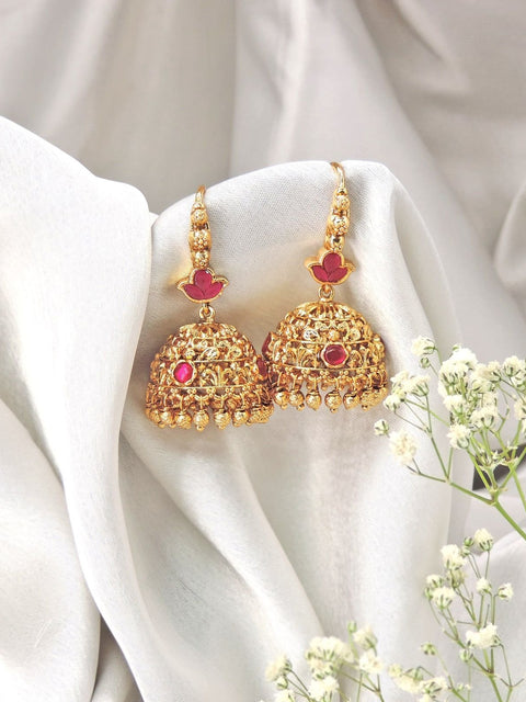 Classic gold jhumka with ruby stones – Indian bridal jhumka earrings USA – Joyrias