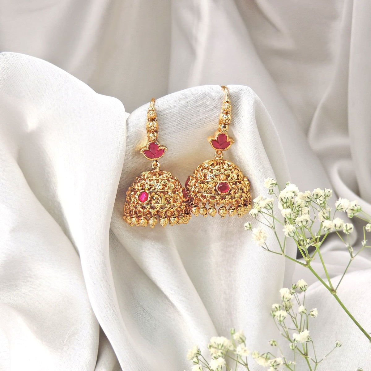 Classic gold jhumka with ruby stones – Indian bridal jhumka earrings USA – Joyrias