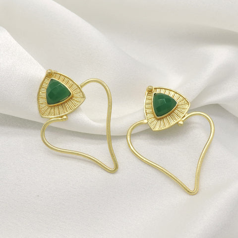Green Stone Heart Drop Earrings | Gold Plated Statement Earrings