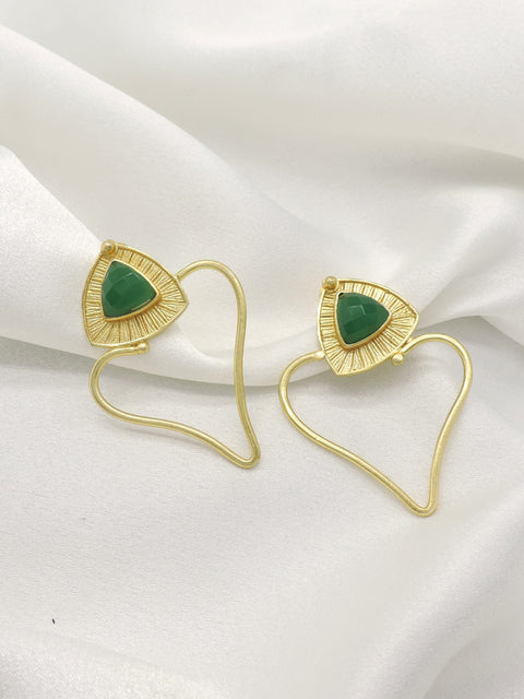 Green Stone Heart Drop Earrings | Gold Plated Statement Earrings