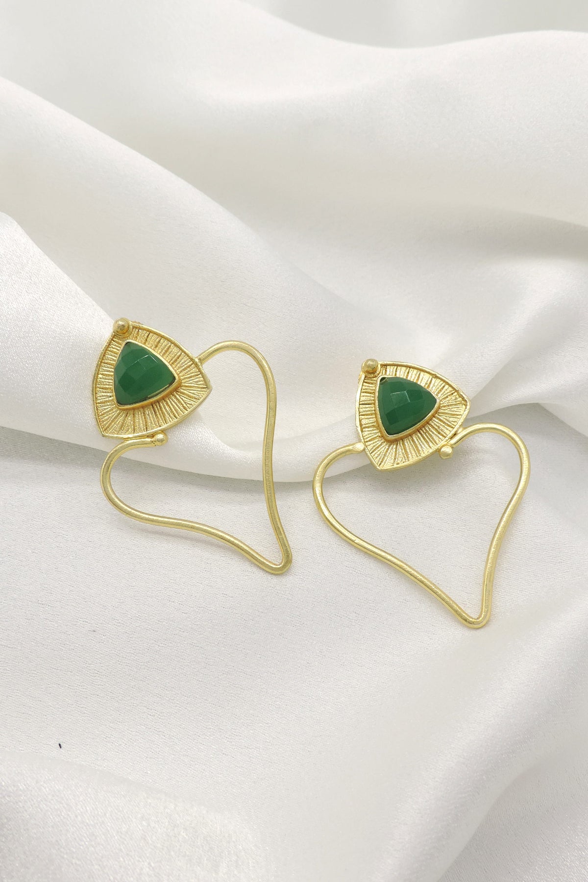 Green Stone Heart Drop Earrings | Gold Plated Statement Earrings