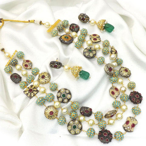 Multicolor Navratna Inspired Pearl Necklace Set | Antique Kundan Jewelry