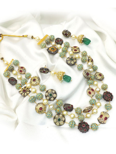 Multicolor Navratna Inspired Pearl Necklace Set | Antique Kundan Jewelry