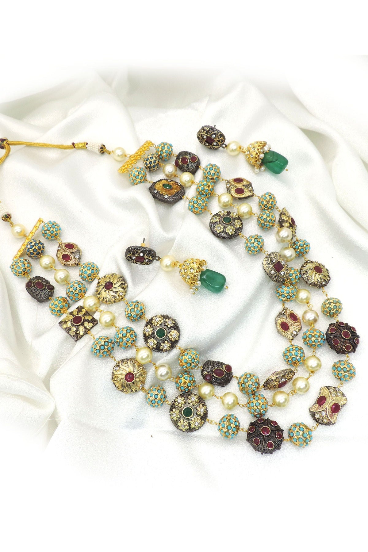 Multicolor Navratna Inspired Pearl Necklace Set | Antique Kundan Jewelry