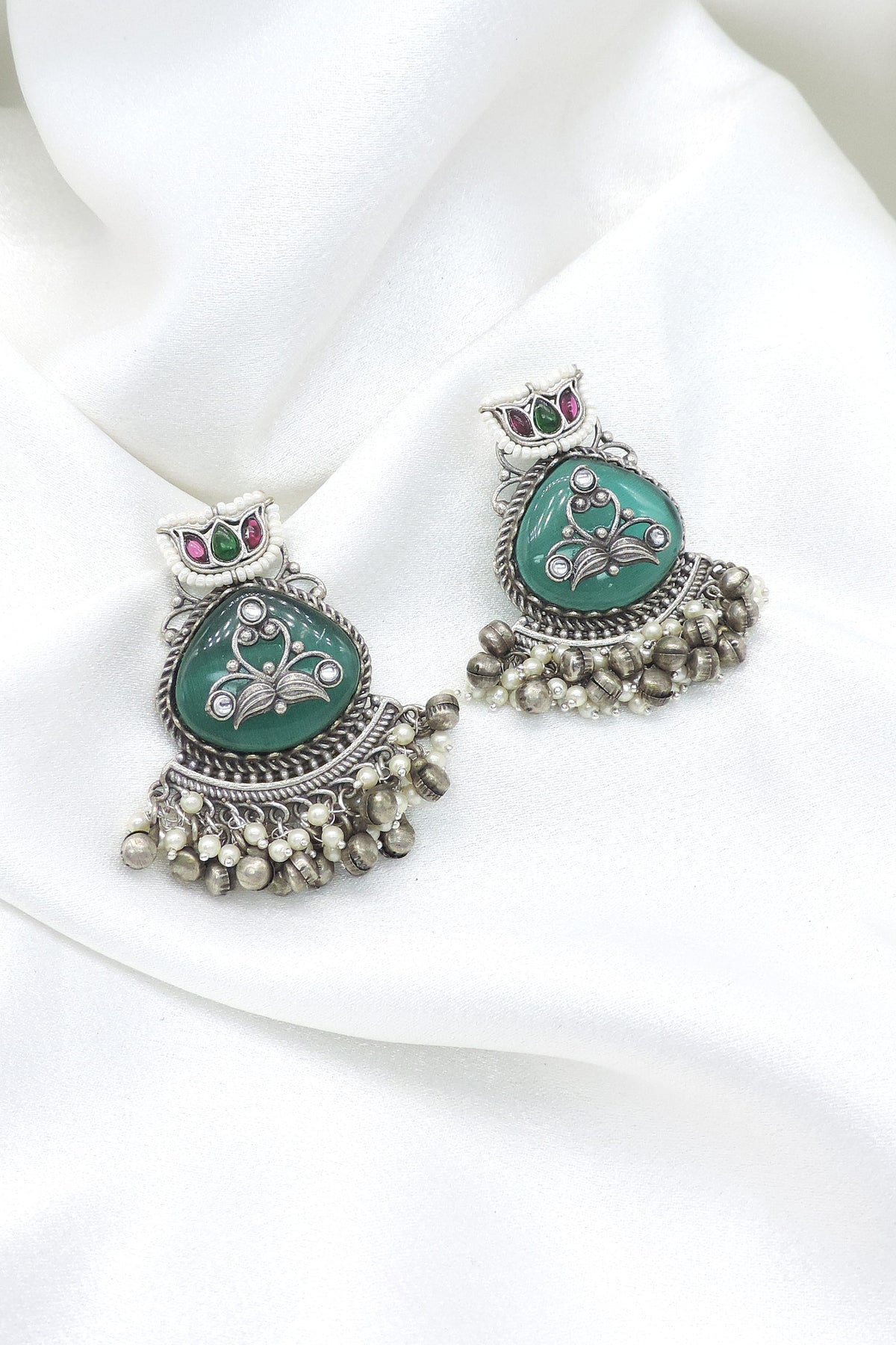 Oxidized Silver Maroon Floral Ghungroo Drop Earrings